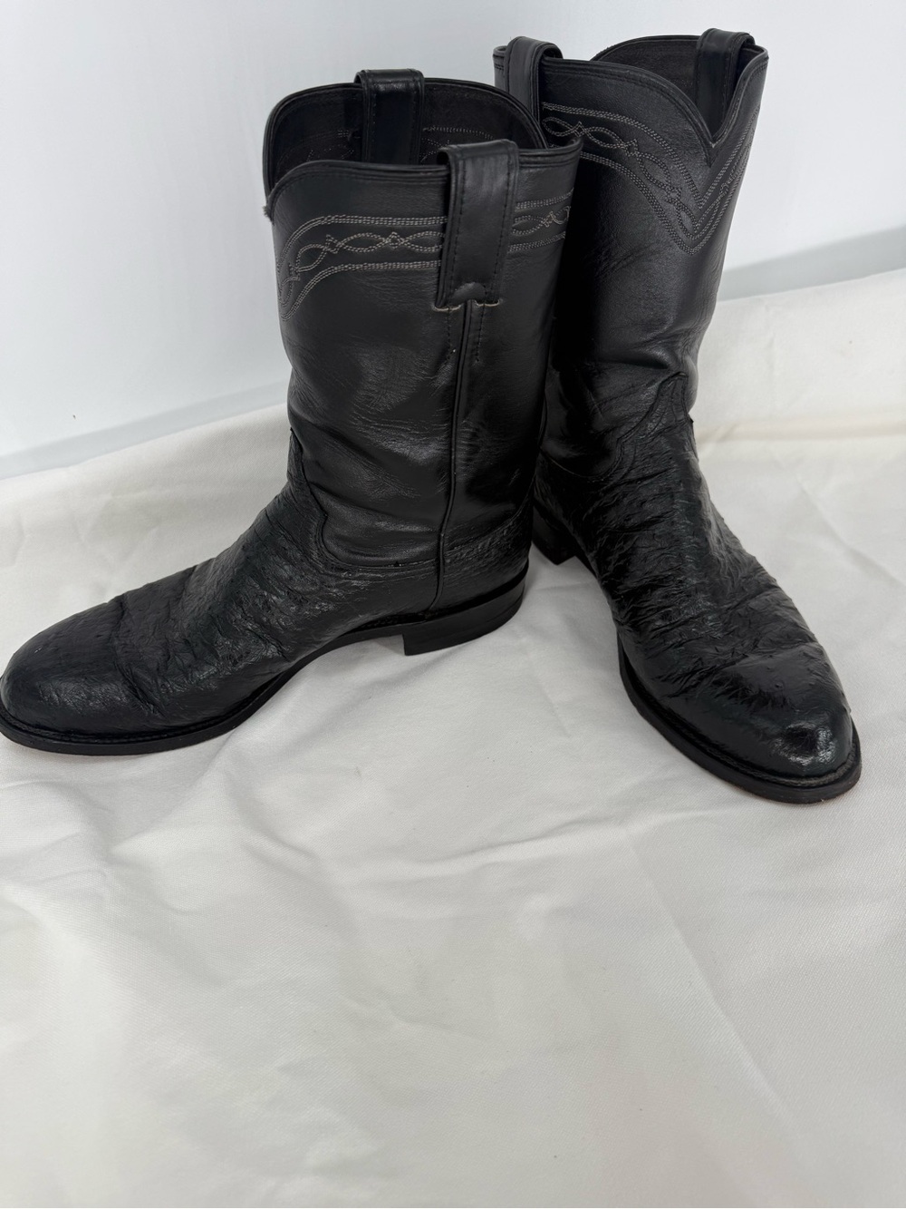Vintage Justin black smooth ostrich leather cowboy western boots men 10 1/2D USA